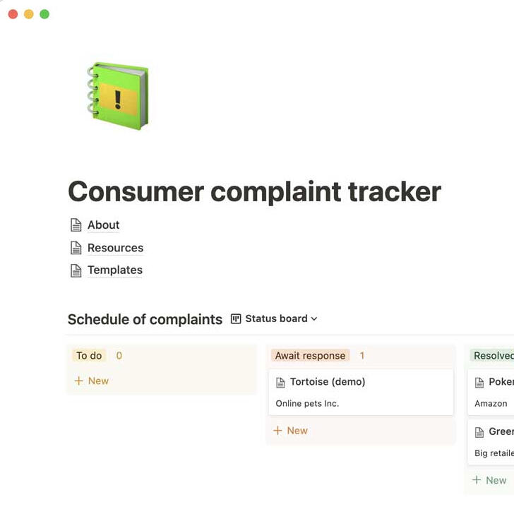 Consumer complaints tracker Notion template